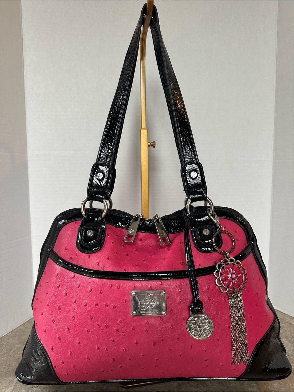 Grace Adele Pink Faux Ostrich Leather Satchel Shoulder Bag Edgy Glam Grunge Bag